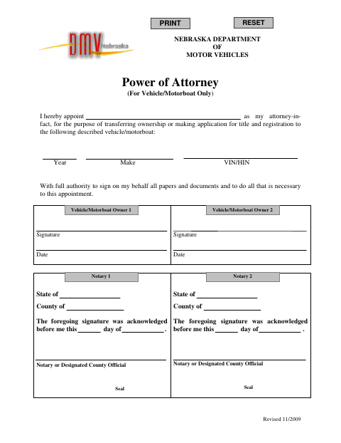 Power of Attorney for Vehicle or Motorboat, Cuming County form, first page