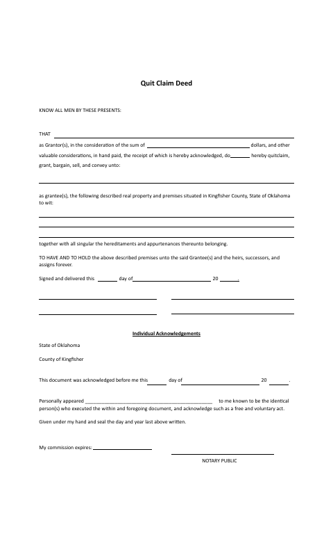 Quitclaim Deed, Kingfisher County form, first page