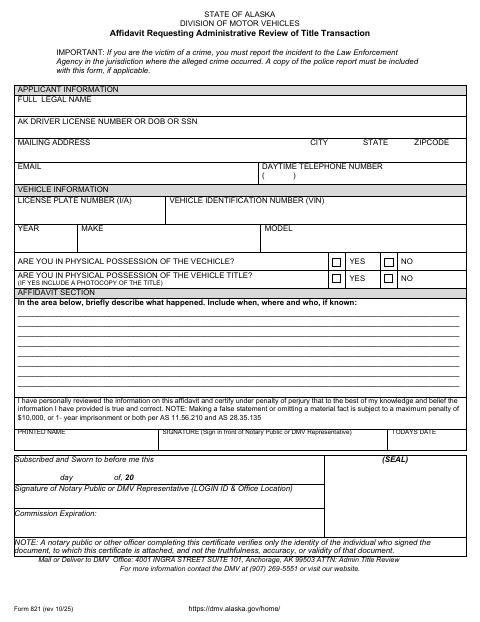 Form 821 Title Dispute Affidavit first page