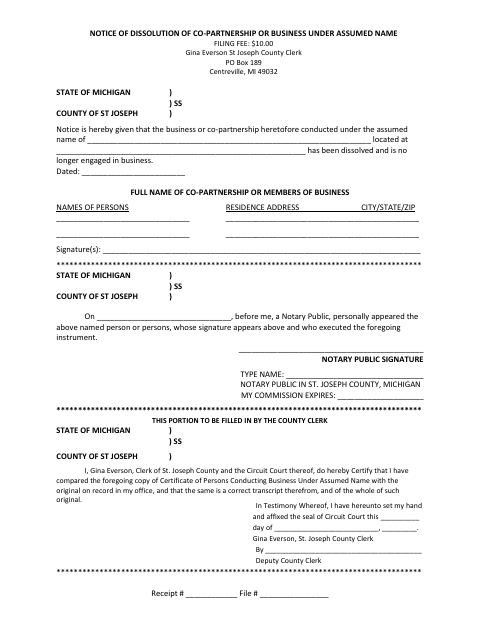 Notice of Dissolution of Co-Partnership or Business Under Assumed Name, St. Joseph County form, first page