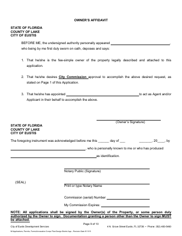 First page of the Owner's Affidavit for City Commission Applications