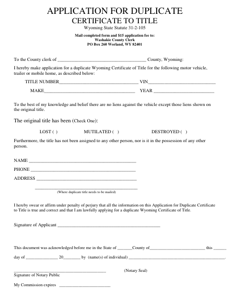 Application for Duplicate Certificate of Title, Washakie County form, first page
