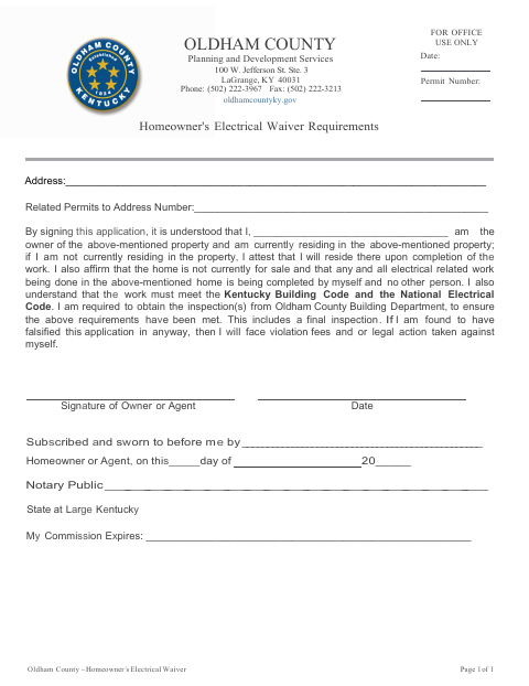 Homeowner's Electrical Waiver Requirements, Oldham County form, first page