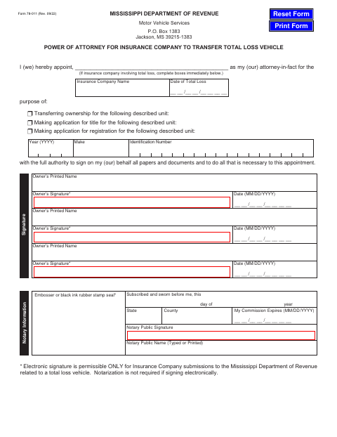 Form 78-011 Power of Attorney for Insurance Company to Transfer Total Loss Vehicle first page