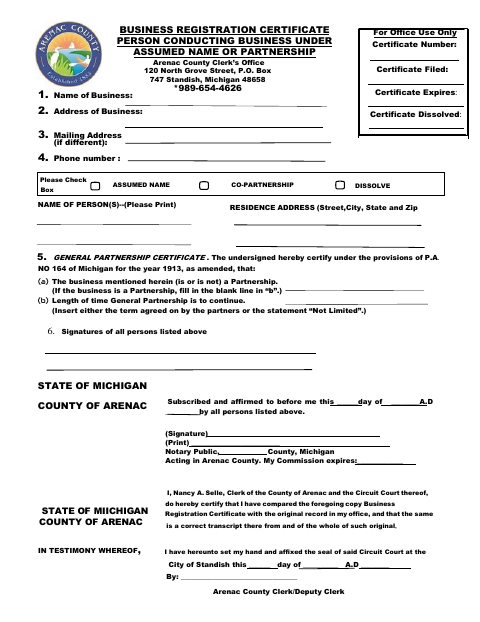 Business Registration Certificate for Assumed Name or Partnership, Arenac County form, first page