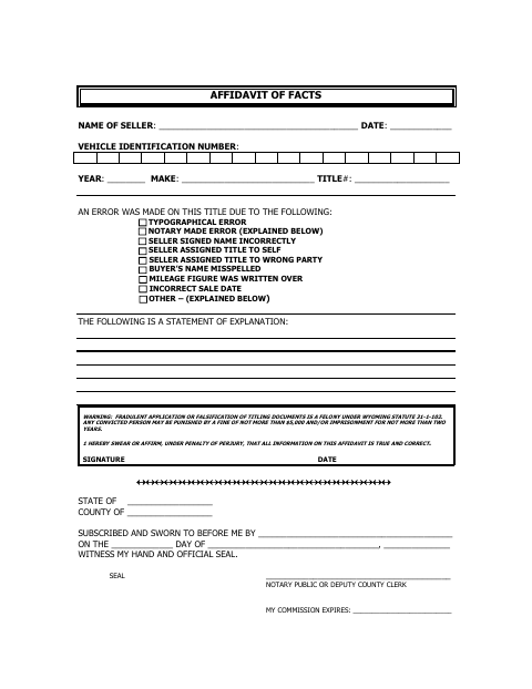 Affidavit of Facts, Natrona County form, first page
