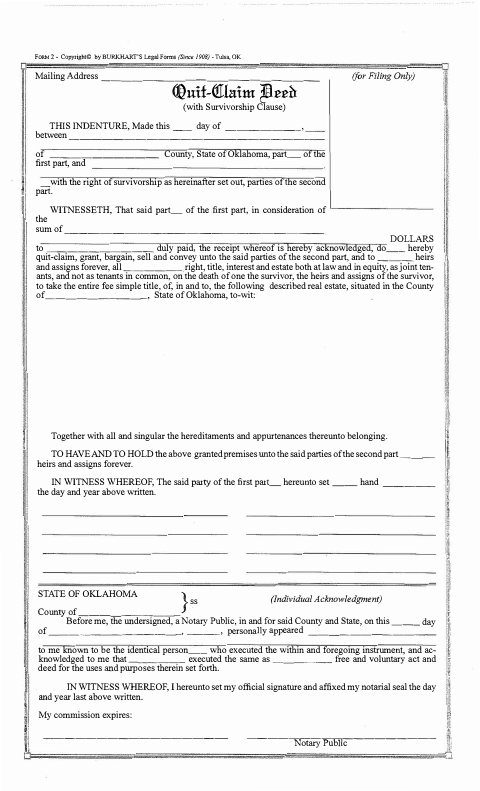 Quitclaim Deed With Survivorship Clause, Kingfisher County form, first page
