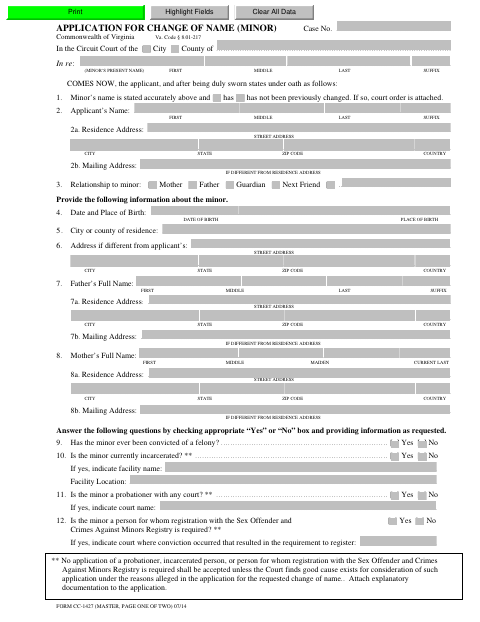 Application for Change of Name (Minor), Montgomery County form, first page