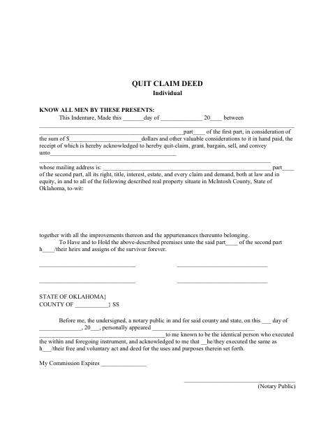 Quit Claim Deed Individual, McIntosh County form, first page
