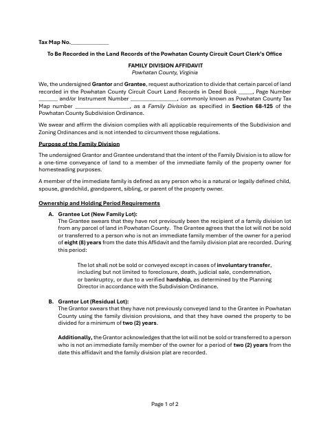 Family Division Affidavit, Powhatan County form, first page