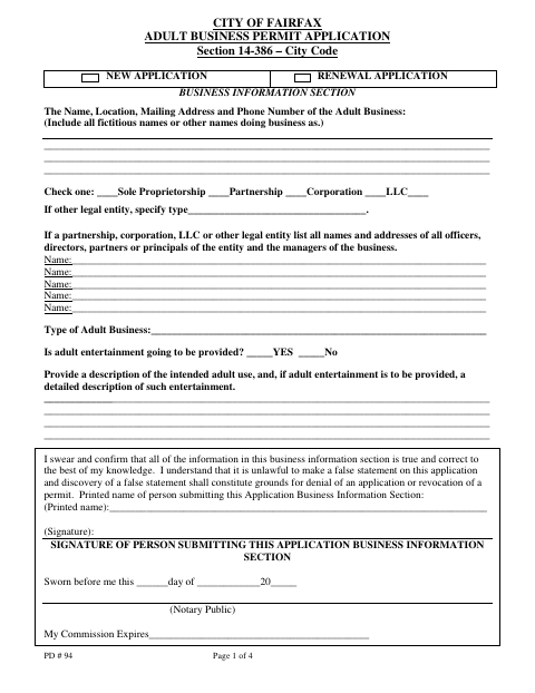 Adult Business Permit Application, City of Fairfax form, first page