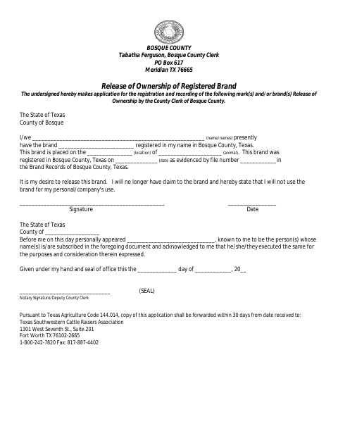 Release of Ownership of Registered Brand, Bosque County form, first page