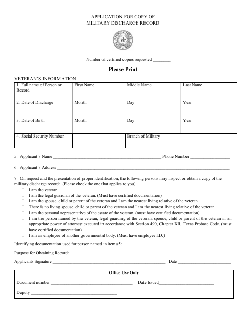 Application for Copy of Military Discharge Record, Karnes County form, first page