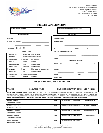 First page of the Building Permit Application (with Owner's Affidavit / Owner-Builder per FS 489 & Notice of Commencement)