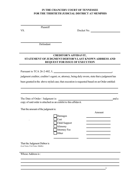 Creditor’s Affidavit, Statement of Judgment Debtor’s Last Known Address and Request for Issue of Execution, Shelby County form, first page