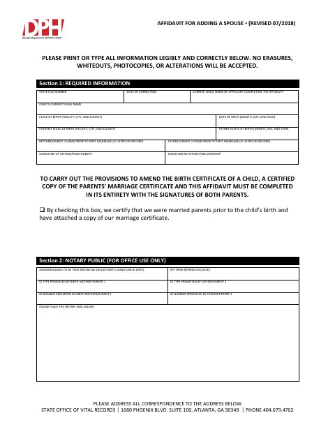 Affidavit for Adding a Spouse first page