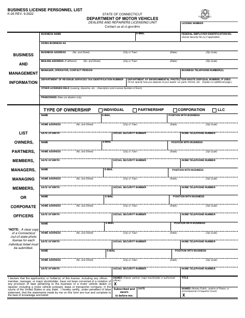 Business License Personnel List K-26 first page