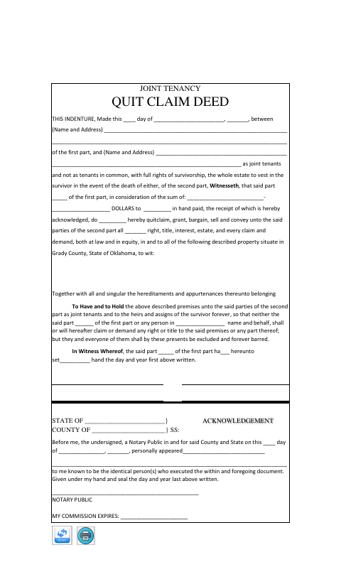 Joint Tenancy Quit Claim Deed, Grady County form, first page