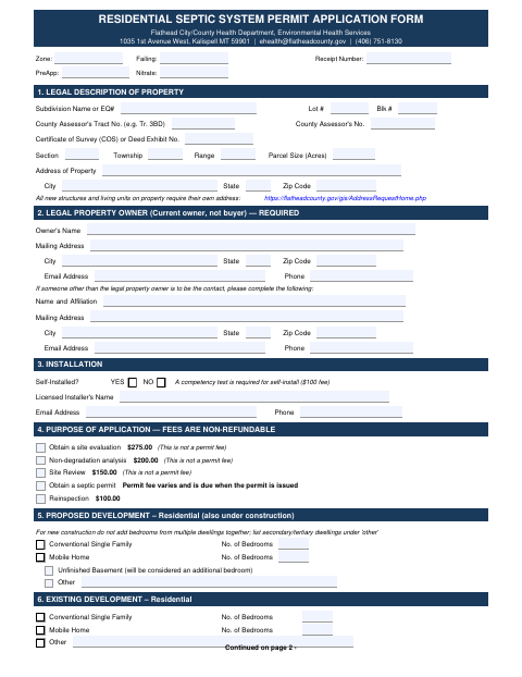 First page of the Residential Septic System Permit Application