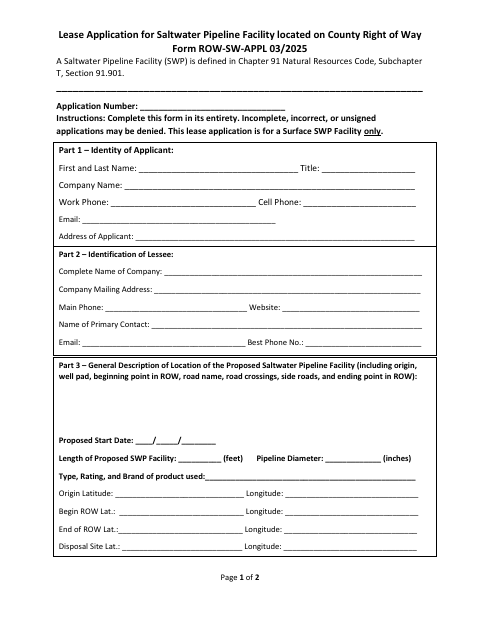 First page of the Lease Application for Saltwater Pipeline Facility Located on County Right of Way