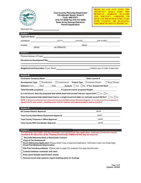 Solar Array Zoning Clearance Permit Application, Taos County form, first page