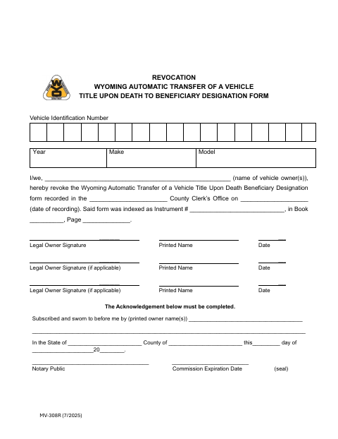 Revocation of Automatic Transfer of Vehicle Title Upon Death, Goshen County form, first page