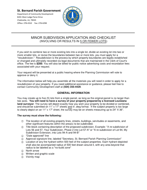 Minor Subdivision Application and Checklist, St. Bernard Parish form, first page
