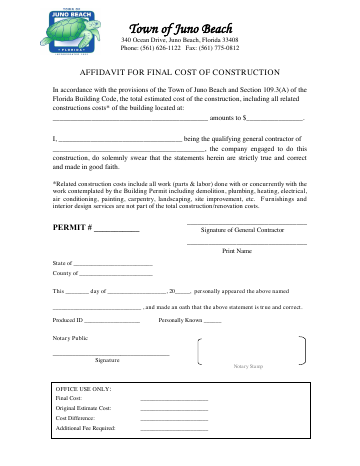 First page of the Affidavit for Final Cost of Construction