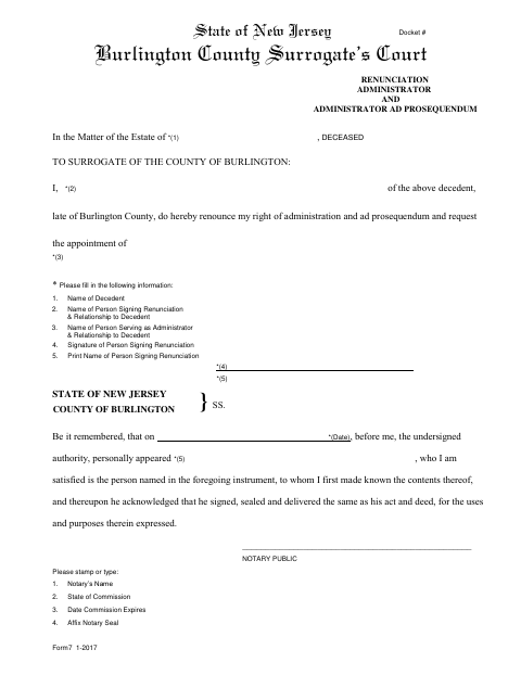 Renunciation of Administrator and Administrator Ad Prosequendum, Burlington County form, first page