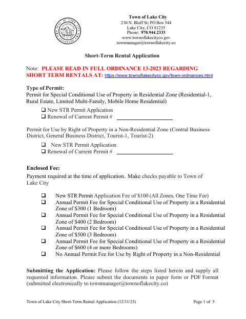 First page of the Short-Term Rental Application