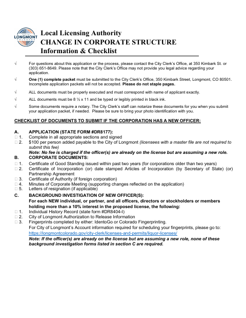First page of the Liquor License Change in Corporate Structure Application