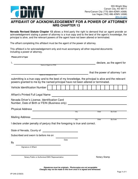 VP-249 Affidavit of Acknowledgment for a Power of Attorney first page