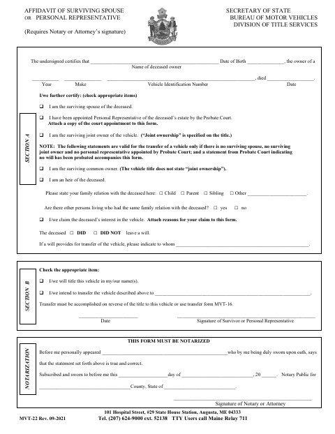 MVT-22 Affidavit of Surviving Spouse or Personal Representative first page