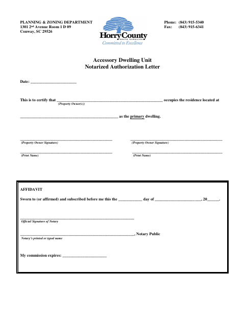 Accessory Dwelling Unit Authorization, Horry County form, first page
