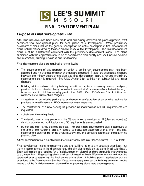 First page of the Final Development Plan Application and Ownership Affidavit