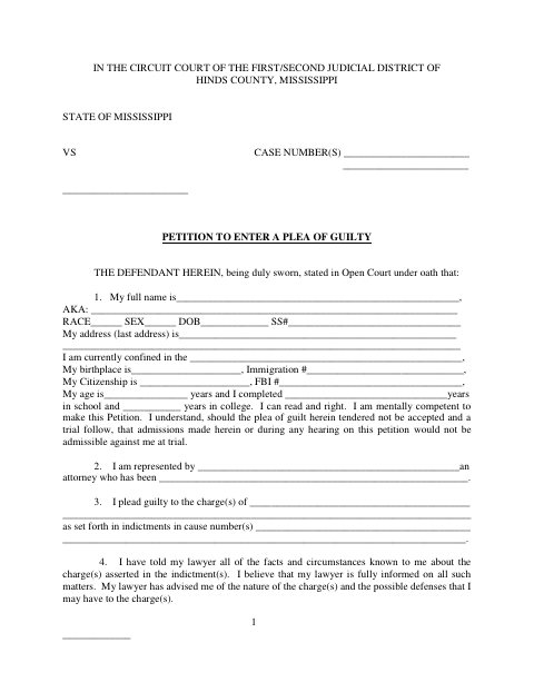 Petition to Enter a Plea of Guilty, Hinds County form, first page