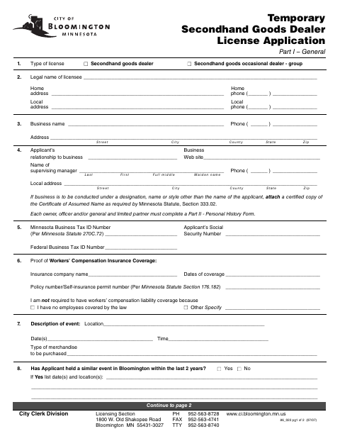 First page of the Temporary Secondhand Goods Dealer License Application Part I