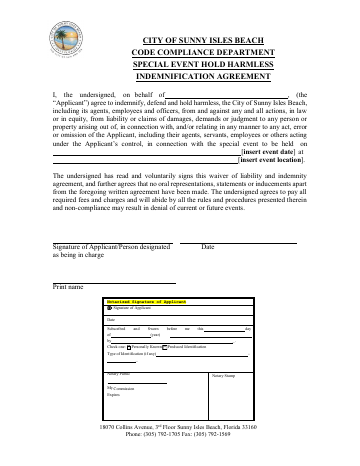 First page of the Special Event Hold Harmless Agreement