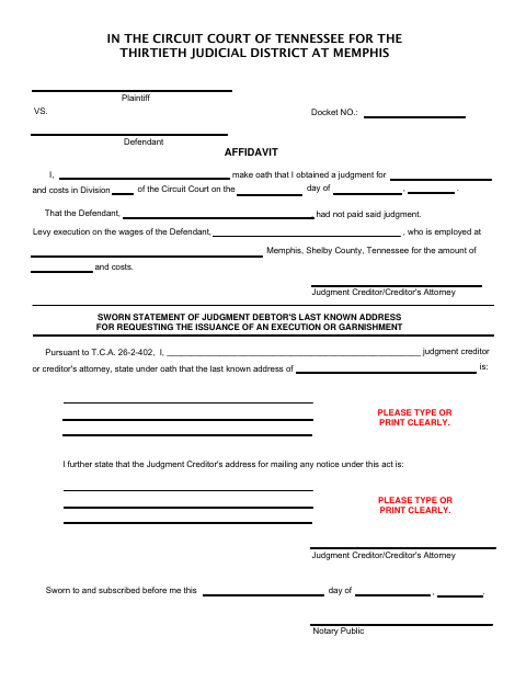 Affidavit to Issue Execution or Garnishment, Shelby County form, first page