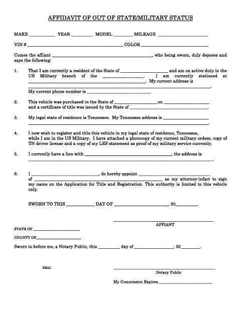 Affidavit of Out of State/Military Status, Putnam County form, first page