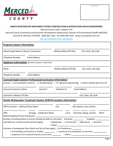 First page of the Onsite Wastewater Treatment System Construction and Destruction Application/Permit