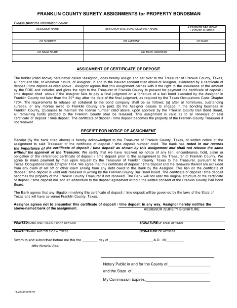 Surety Assignment for Property Bondsman, Franklin County form, first page