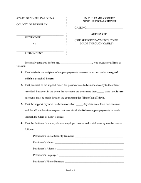 Affidavit for Support Payments to Be Made Through Court, Berkeley County form, first page
