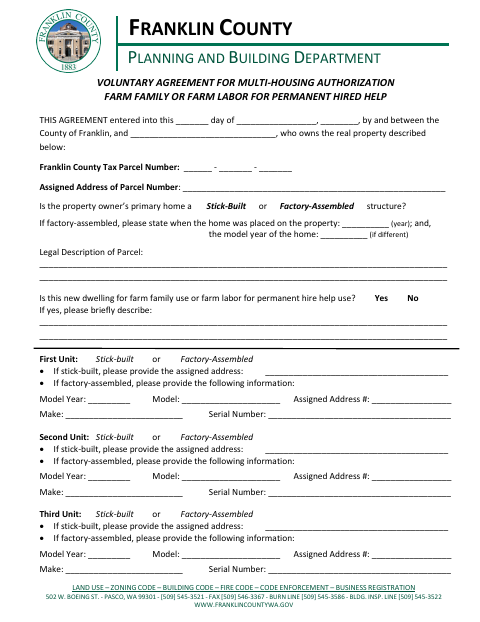 Voluntary Agreement for Multi-Housing Authorization, Franklin County form, first page