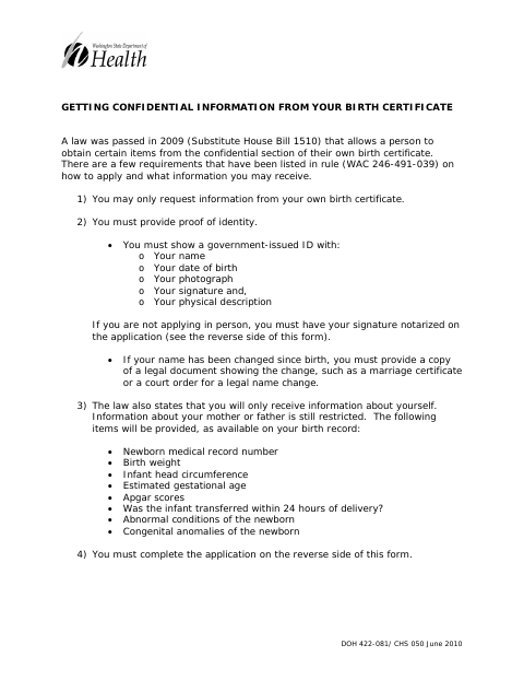 DOH 422-081 Application for Confidential Birth Information first page