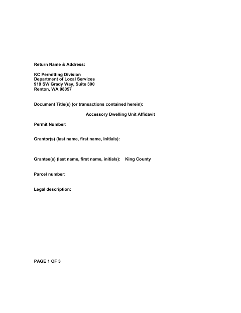 Accessory Dwelling Unit Affidavit, King County form, first page