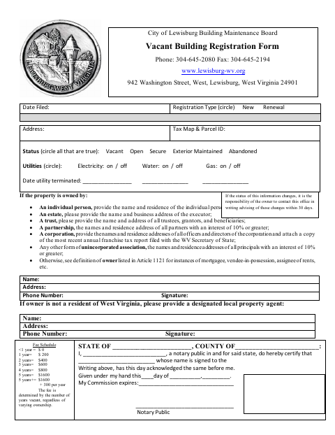 First page of the Vacant Building Registration Form