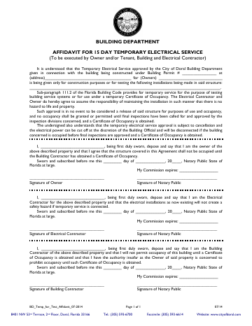 First page of the Affidavit for 15-Day Temporary Electrical Service