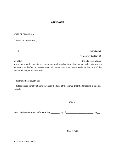 Temporary Custody Affidavit, Canadian County form, first page