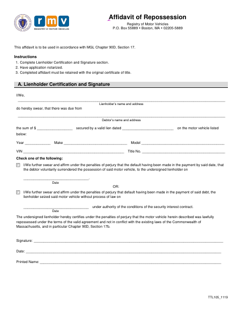 TTL105 Affidavit of Repossession first page
